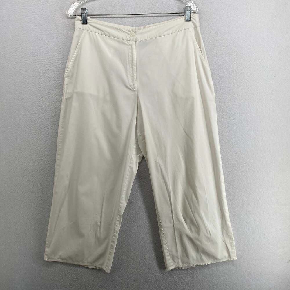 EILEEN FISHER Pants M Stretch Cotton Poplin Wide Leg Ankle Slit Hem Off White